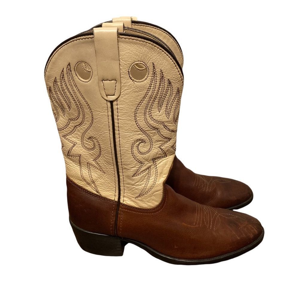 Pocono Western Leather Cream Brown Western Cowboy Cowgirl Boots Size 6.5